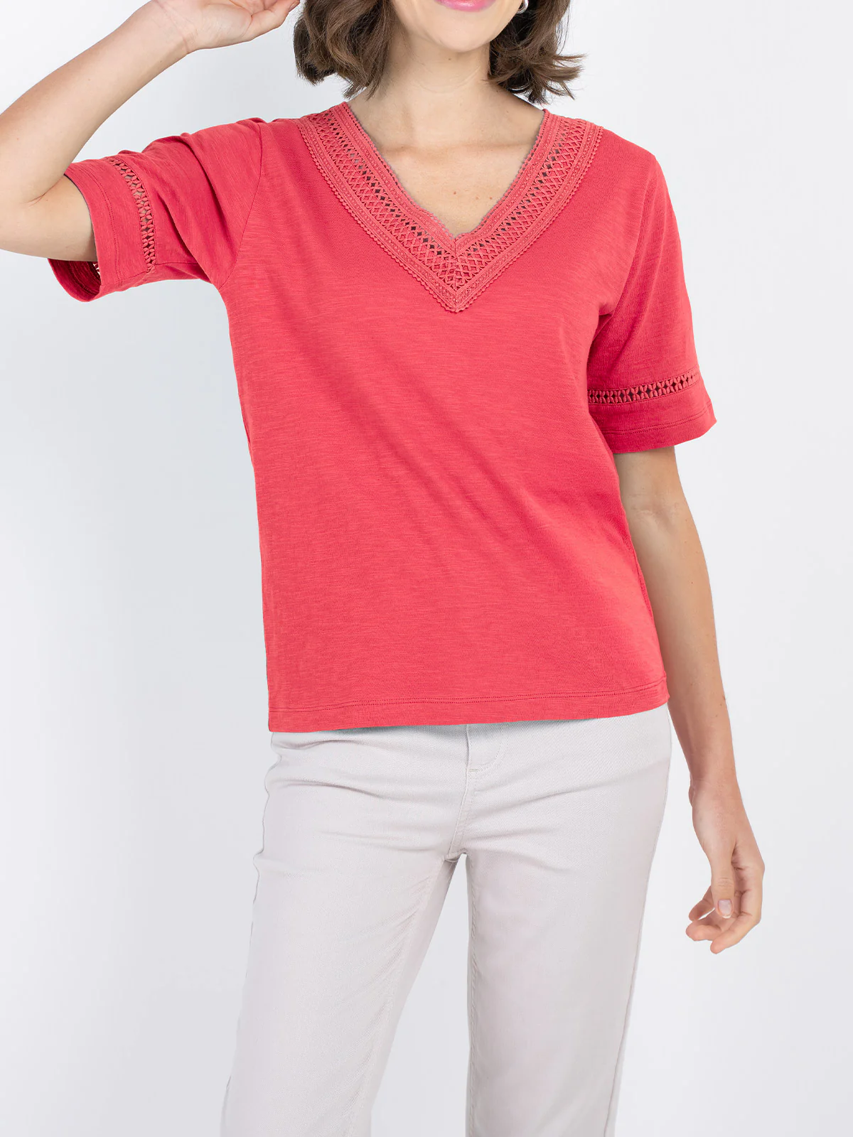 Crochet Trim Jersey Slub Top - Image 19