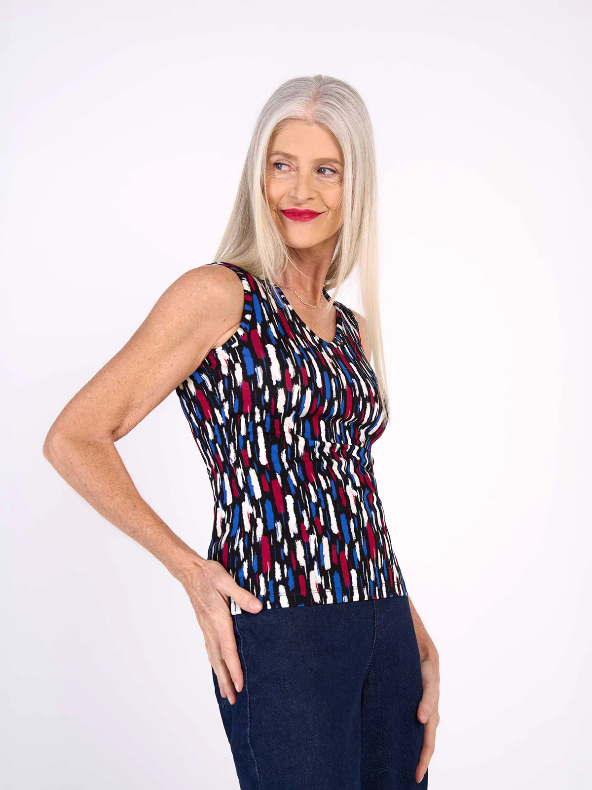 Dash Print Sleeveless V Neck Top - Image 14