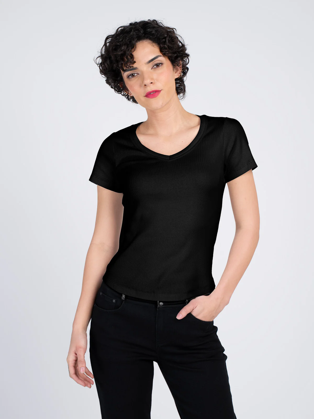 Short Sleeve V Neck Rib Tee