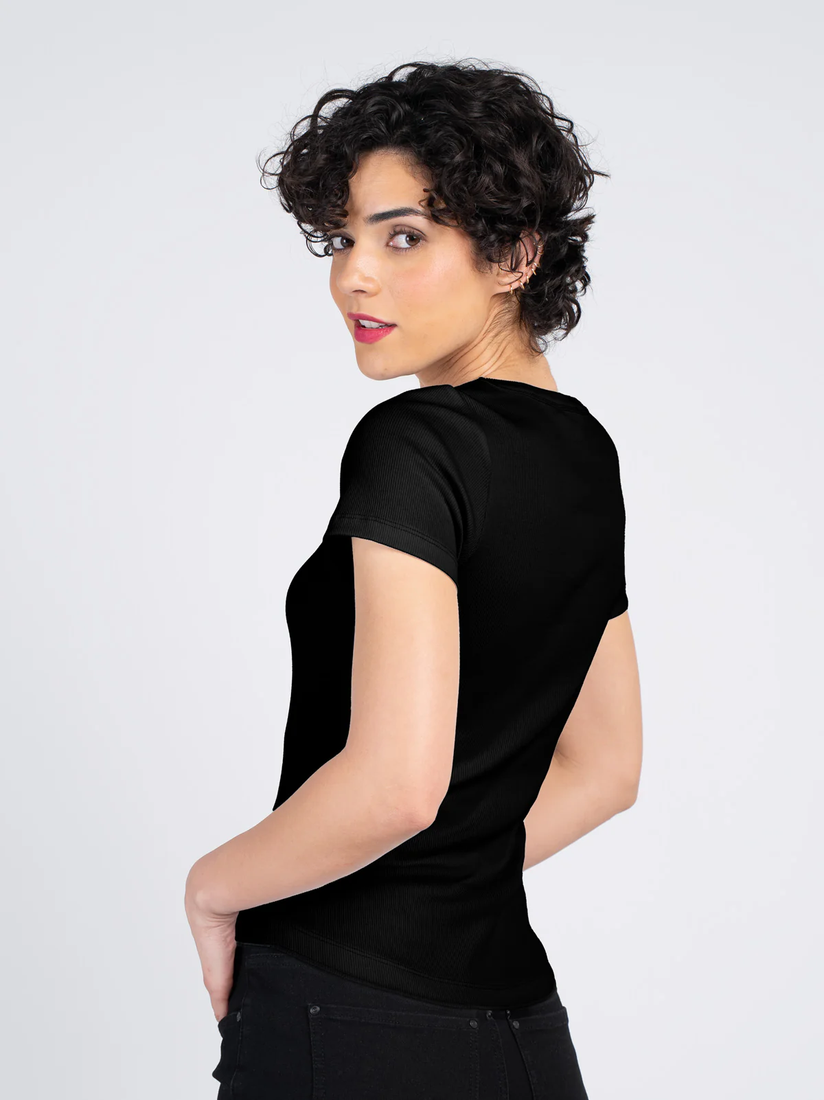 Short Sleeve V Neck Rib Tee - Image 2